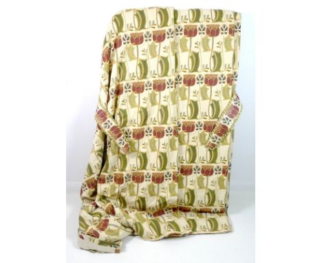 Two pairs of 'Judith May' tapestry curtains, decorated in an Arts and Crafts style against a cream ground, interlined, gather