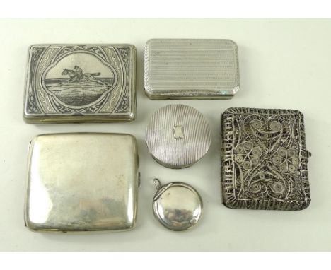 A collection of silver cigarette cases and patch boxes, comprising a curved cigarette box, Birmingham 1919, a circular patch 