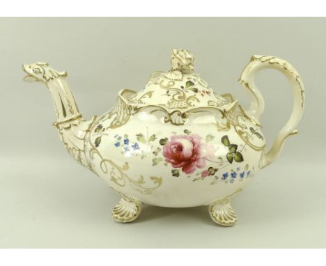 A English porcelain part tea and coffee service, early 19th century, possibly Coalbrookdale, decorated with hand-painted flow