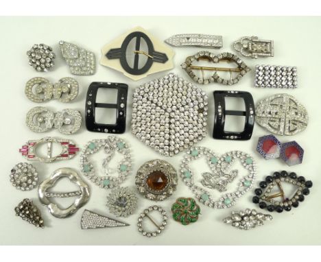 A collection of Art Deco and earlier belt buckles, together with a collection of costume jewellery to include a necklace, bro