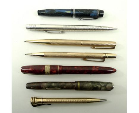 A group of vintage fountain pens and pencils, comprising a sterling silver ball point, Walker and Hall, Birmingham 1959, 12.5
