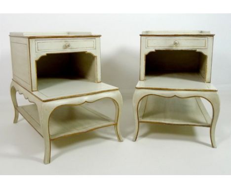 A pair of Colefax and Fowler bedside tables, circa 1970, with three quarter gallery and serpentine fronted single drawer, wit