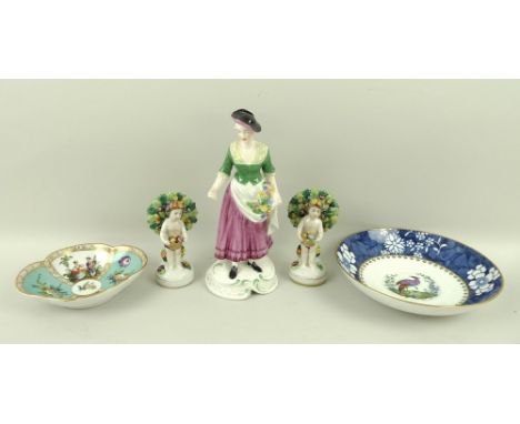 A group of ceramics comprising a Spode Chelsea figurine, number 6, a Spode saucer, the centre painted with a bird, cobalt blu