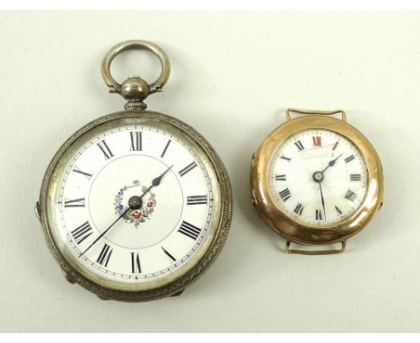 A 9ct gold 1930s lady's wristwatch, the white face with Roman numerals, lacking winder, and a Continental silver pocket watch