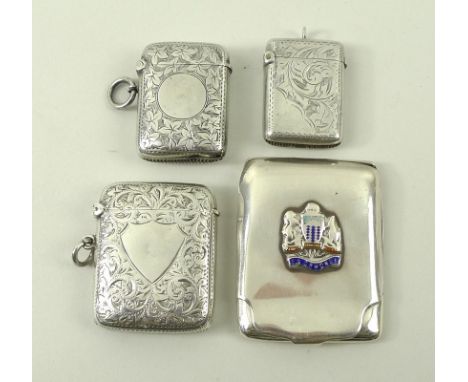 A collection of silver vesta cases, comprising plain case with S.S Ormonde enamel crest, Birmingham 1930, and three further c