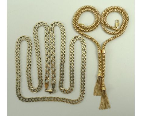 A 9ct gold chain flat link necklace, 77cm, and a 9ct gold necklace with tassel ends, total weight 42.4g. 