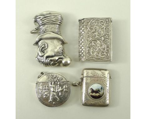 A collection of 925 and sterling silver vesta cases, comprising one with enamel roundel depicting horse and trap, a vesta in 
