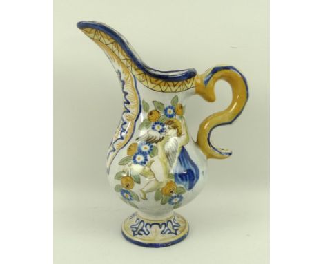 An Italian Albarello jug in yellow and blue glazes, decorated with putti, 22cm. 