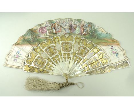 A fan with mother of pearl sticks, 19th century, pierced and gilded, painted paper print depicting a group of people playing 