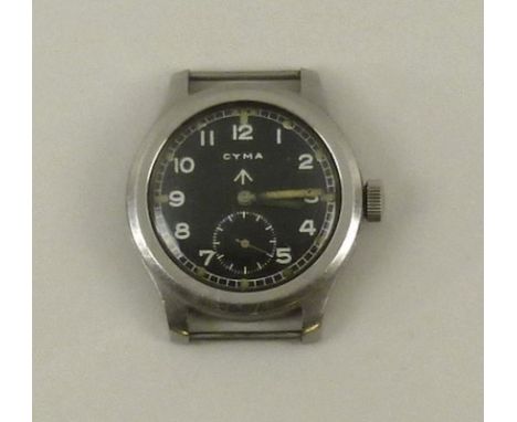 A WWII Cyma stainless steel watch head, movement Cal 234 Number 375872, black dial with luminous Arabic numerals and hands, s