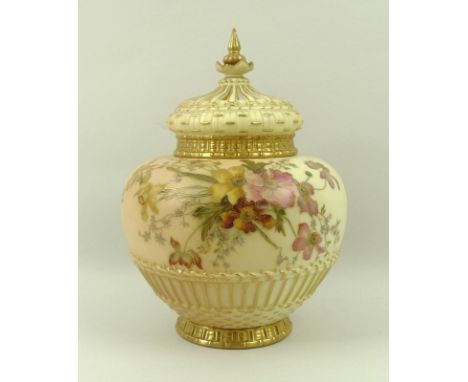 A Royal Worcester blush ivory porcelain pot pourri, painted with flowers, gilded highlights throughout, with lid and pierced 