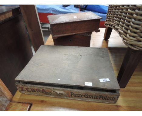 A vintage Zebra polish packing box and two antique caddy style boxes