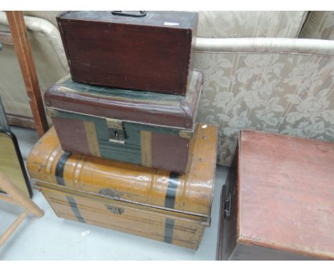 Two vintage tin trunks and a late 19th /early 20th Century mahogany box 
