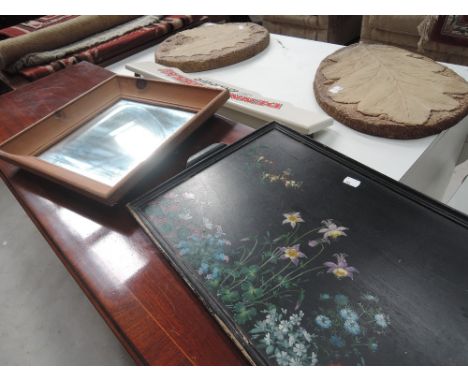 A vintage laquered tray and pine framed mirror