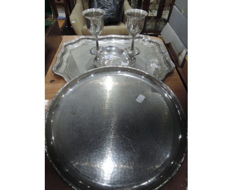 A selection of plated trays and goblets and Arts and Crafts style pin tray