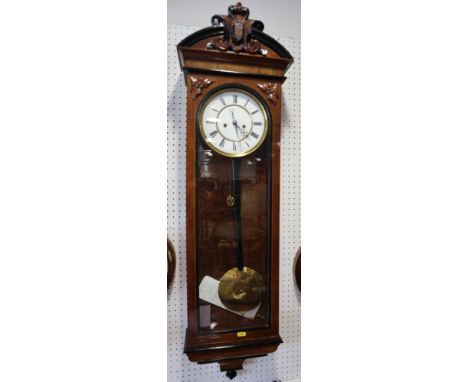 A Vienna type regulator wall clock in figured walnut case, 48" highCondition:Minor losses to veneer, light surface scratches,