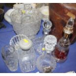 Five glass decanters, a cut glass bowl, 9" high, vases and two silver plated decanter labels