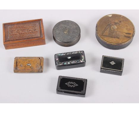 A papier-mache circular patch box, three inlaid snuff boxes and three other wooden boxes 