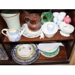A Denby green glazed vase, 9" high, a jelly mould, various plates, including leaf plates, and