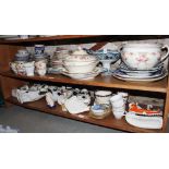 Three pairs of Staffordshire dogs, a Taunton wash jug, bowl and basin, platters teacups, saucers and