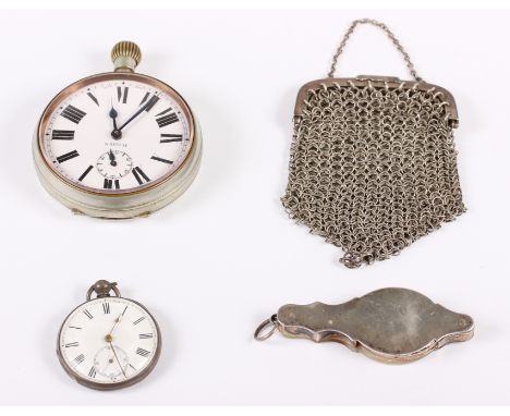 A white metal and mother-of-pearl folding lorgnette, a white metal mesh evening purse, a Goliath pocket watch, and a silver c