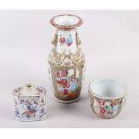 A Canton enamel two-handled baluster vase with gilt decoration, 9 1/2" high, a similar pot (