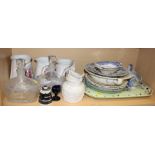 An 18th century Delft blue and white plate, decorated floral sprays, 9" dia, a pair of blue and