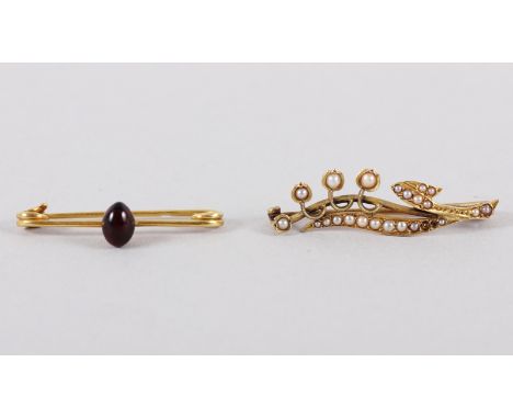 A Victorian yellow metal lily-of-the-valley brooch, set seed pearls, and a yellow metal bar brooch set polished amethyst pebb