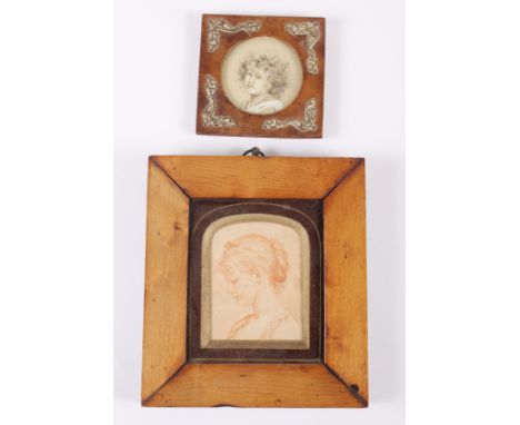 A miniature portrait on paper, after an Old Master, in maple frame, and a smaller similar, in leather frame 