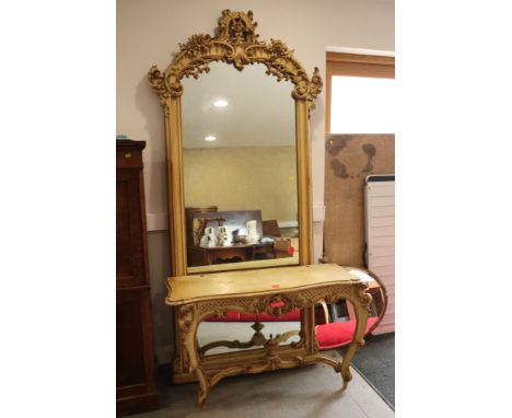 A 19th century painted and gilt pin framed pier mirror and console table with pierced crest and cabriole supports, mirror 80"