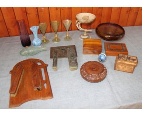 Three similar Venetian green pedestal glasses with stems formed as swans, four brushes, a playing card box and other items 