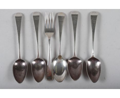 A silver christening spoon and fork set, 1.1oz troy approx, and four Georgian silver teaspoons, 2.1oz troy approx 