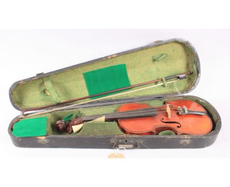 A child's violin with two-piece back, internal label reading Dulcis et Fortis, body measures 12" to top of button, in fitted 