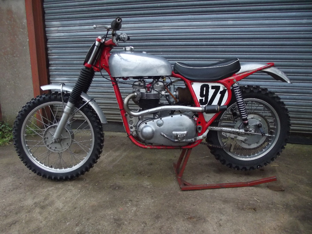 A TriBSA 650cc twinshock scrambler, red and aluminium. The combination ...