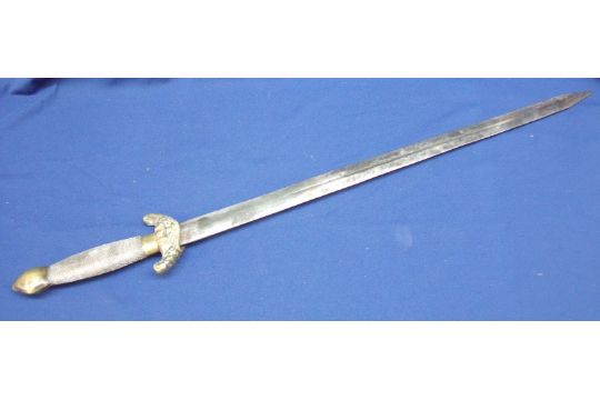 Japanese Double Edged Straight Sword With 18 Inch Blade Brass Mounts And Ribbed White Metal Wire