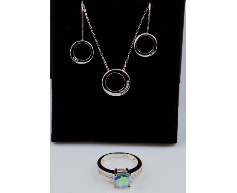 A 9ct white gold diamond set 5pt pendant and a pair of matching drop earrings together with a 925 silver cubic ziconia ring