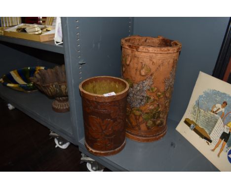 Two embossed leather work waste paper baskets or stick stands