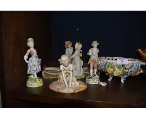 A selection of ceramic and porcelain figures including flower bowl marked Dresden
Condition report,&nbsp;
Bowl having light d