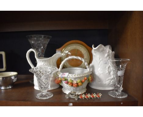 A selection of fine ceramics and glass wares including porcelain fruit bowl and pair of Staffordshire jugs. Also including ar