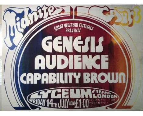 GENESIS 1972 POSTER. An original poster for a 14th July 1972 Genesis performance at London's Lyceum. Measures 39.5 x 30" and 