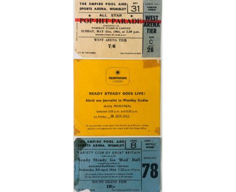 1964/1965 ROLLING STONES TICKETS. Three original Rolling Stones tickets to include: 'Ready Steady Go Goes Live!' journalist t