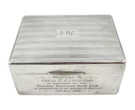 Silver mounted presentation cigarette box, engine turned decoration, inscribed by William Neale &amp; Son Ltd, Birmingham 192