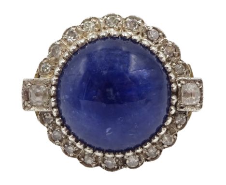 Large 14ct gold cabochon sapphire and diamond ring, stamped 585 - Condition Report Approx 15.7gm, size J-K, cabochon sapphire