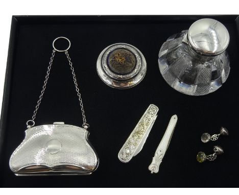 Silver mounted glass scent bottle by M Bros, Birmingham 1896, silver purse, silver pin cushion by Levi &amp; Salaman Birmingh