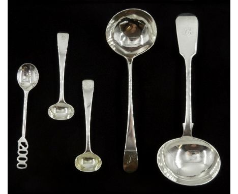 George III silver sauce ladle, London makers mark T*T, Victorian silver ladle, fiddle and thread pattern by Josiah Williams &