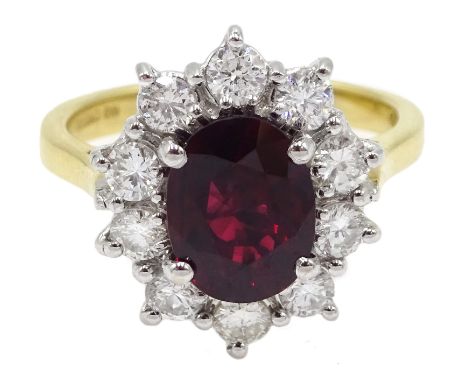 18ct gold ruby and diamond cluster ring, hallmarked, ruby approx 2.00 carat, diamond total weight approx 0.70 carat - Conditi
