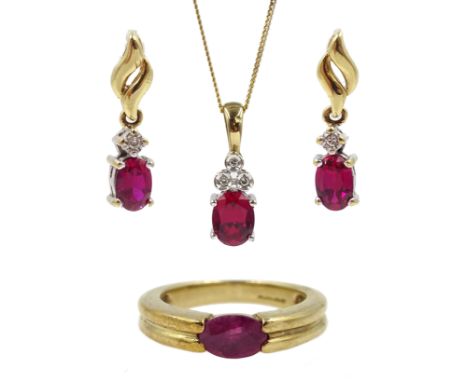 Gold ruby and diamond pendant necklace, pair of matching earrings and a similar ruby ring, all hallmarked 9ct - Condition Rep