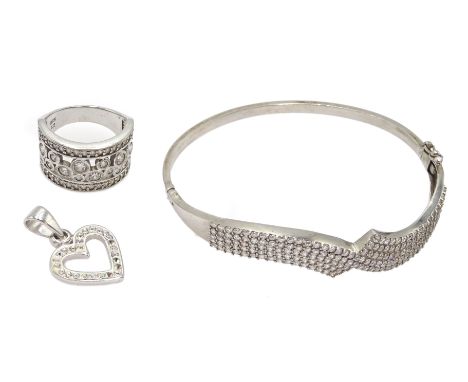 Silver cubic zirconia set bangle, ring and pendant, all stamped 925 - Condition Report 