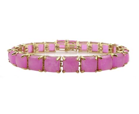 9ct gold square cut pink jade link bracelet, hallmarked - Condition Report Approx 22.2gm, length = 18cm