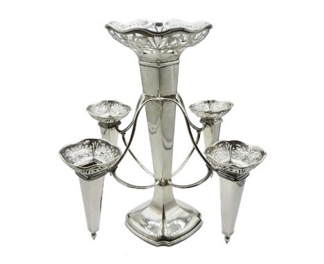 Early 20th century silver four branch trumpet epergne, removable posy holders and pierced fretwork by R F Mosley & Co, Sheffi